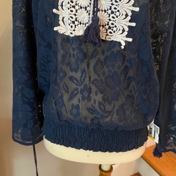 Love Riche Navy Lace Embroidered BOHO Top L - Picture 5 of 12
